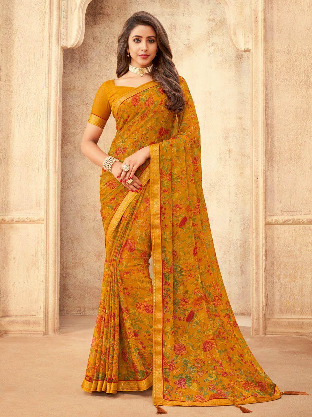 anouk floral printed zari pure chiffon bagru saree