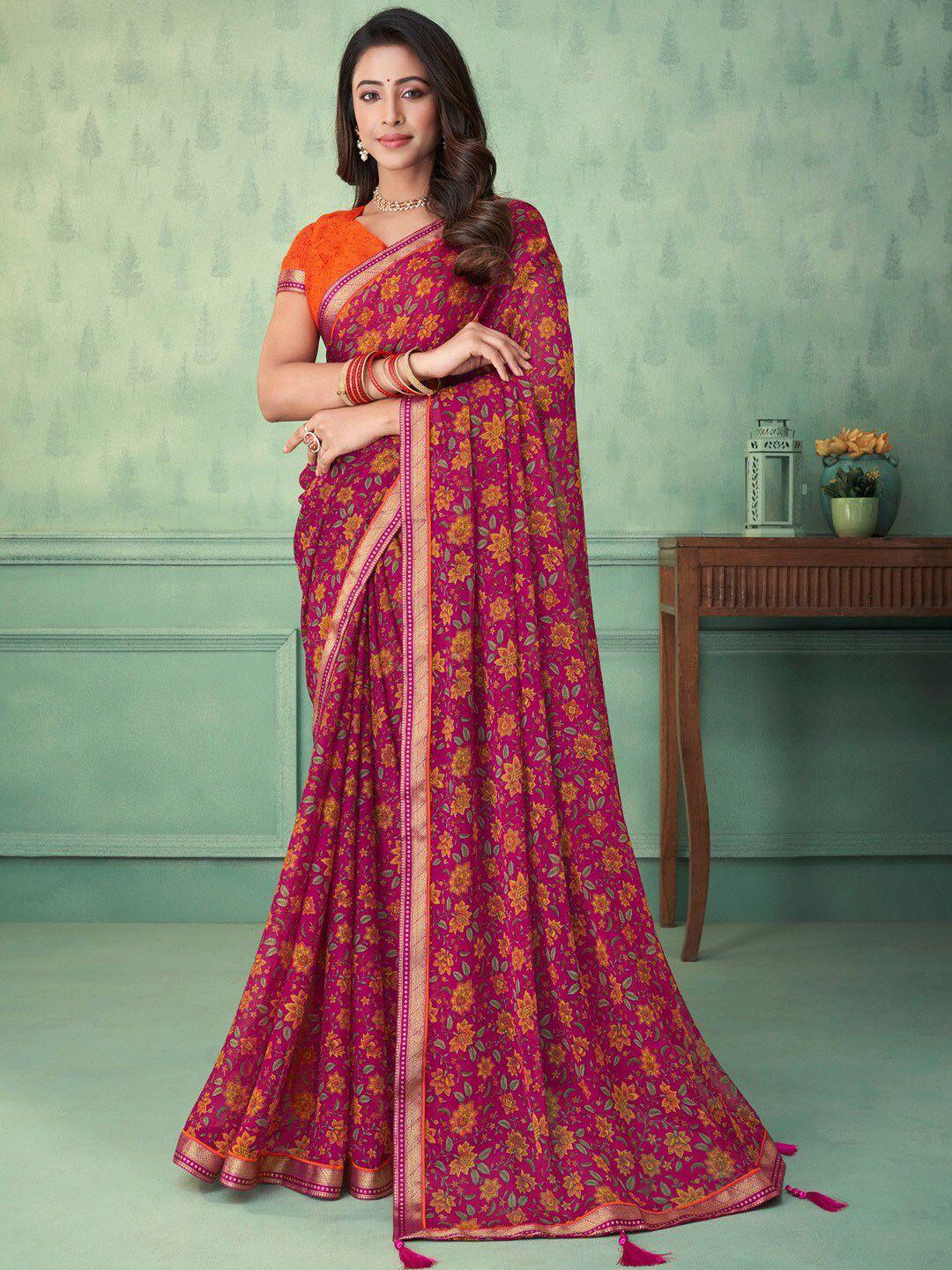 anouk floral printed zari pure chiffon bagru saree