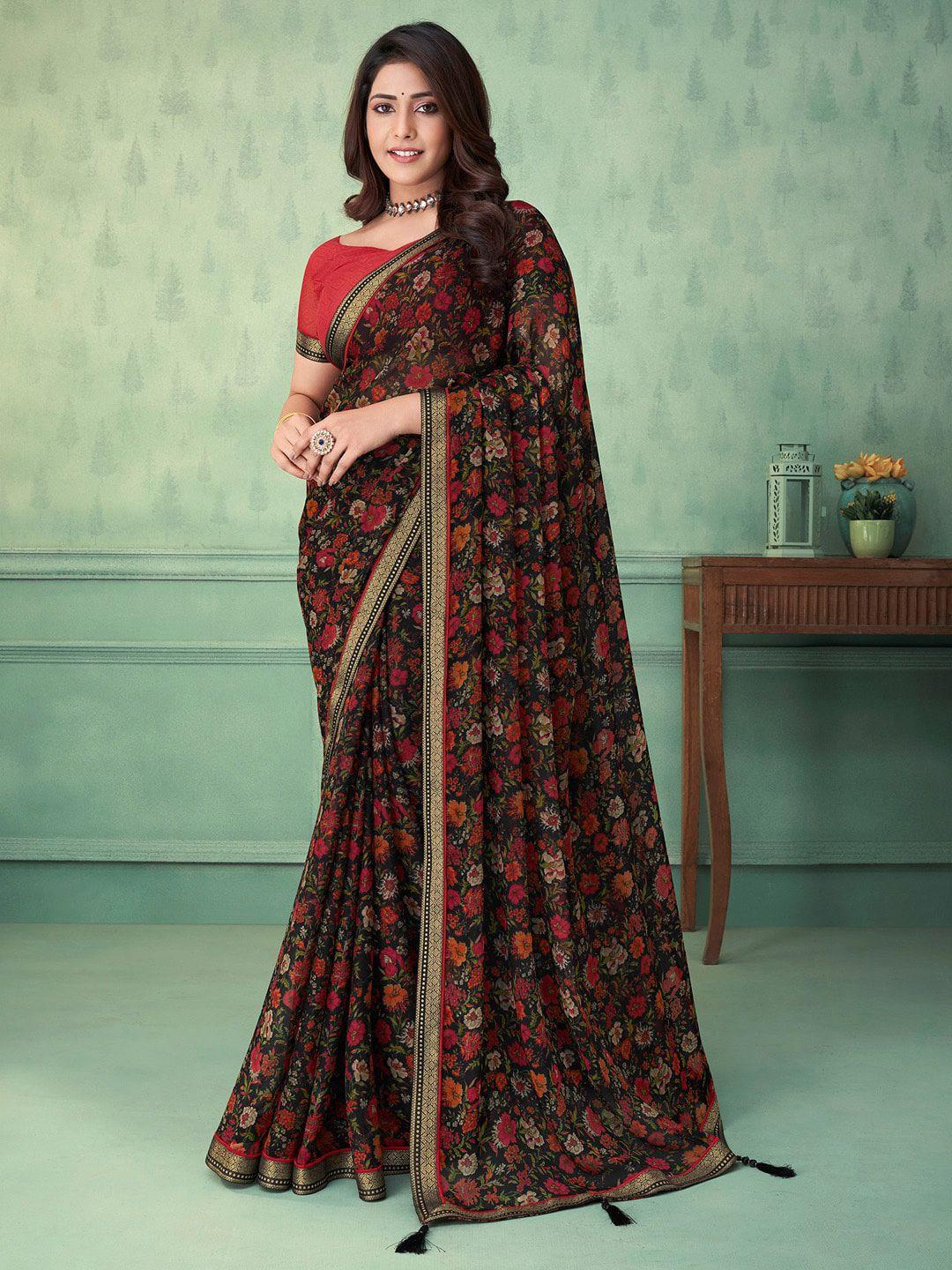 anouk floral printed zari pure chiffon bagru saree