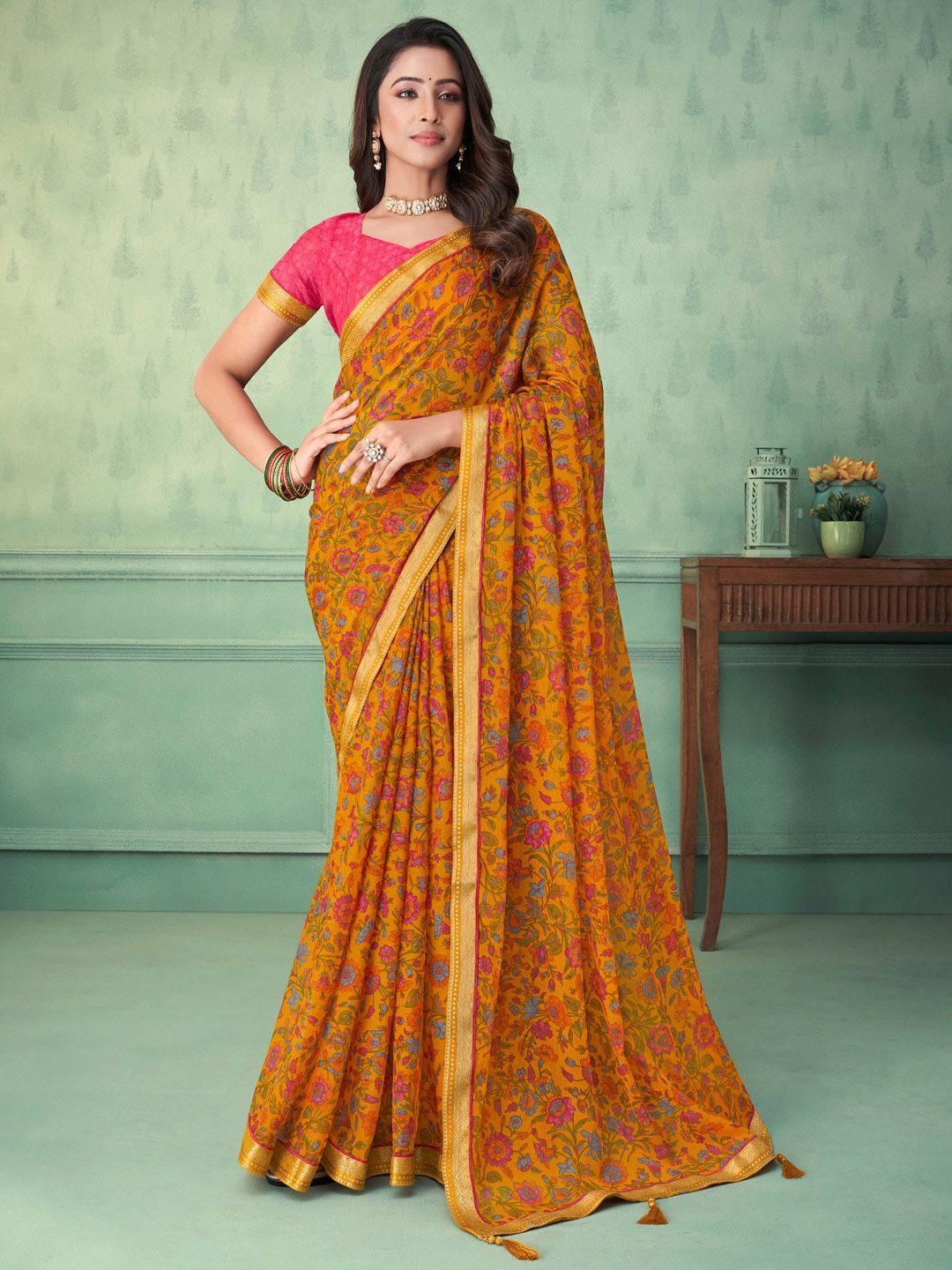 anouk floral printed zari pure chiffon bagru saree