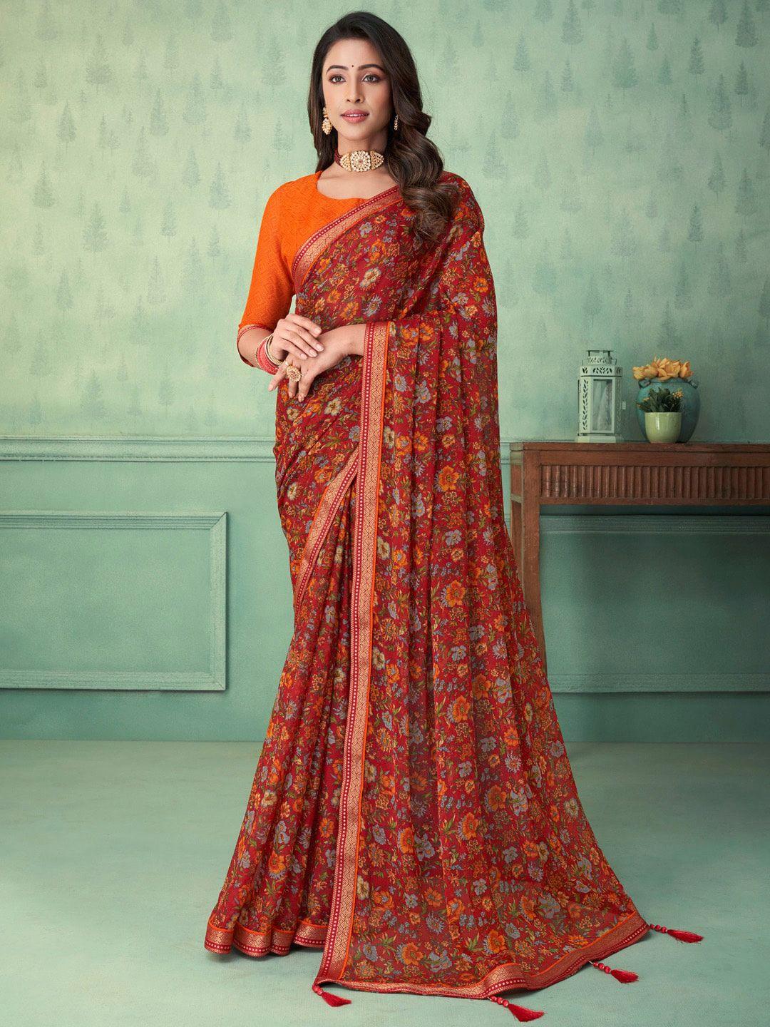 anouk floral printed zari pure chiffon bagru saree