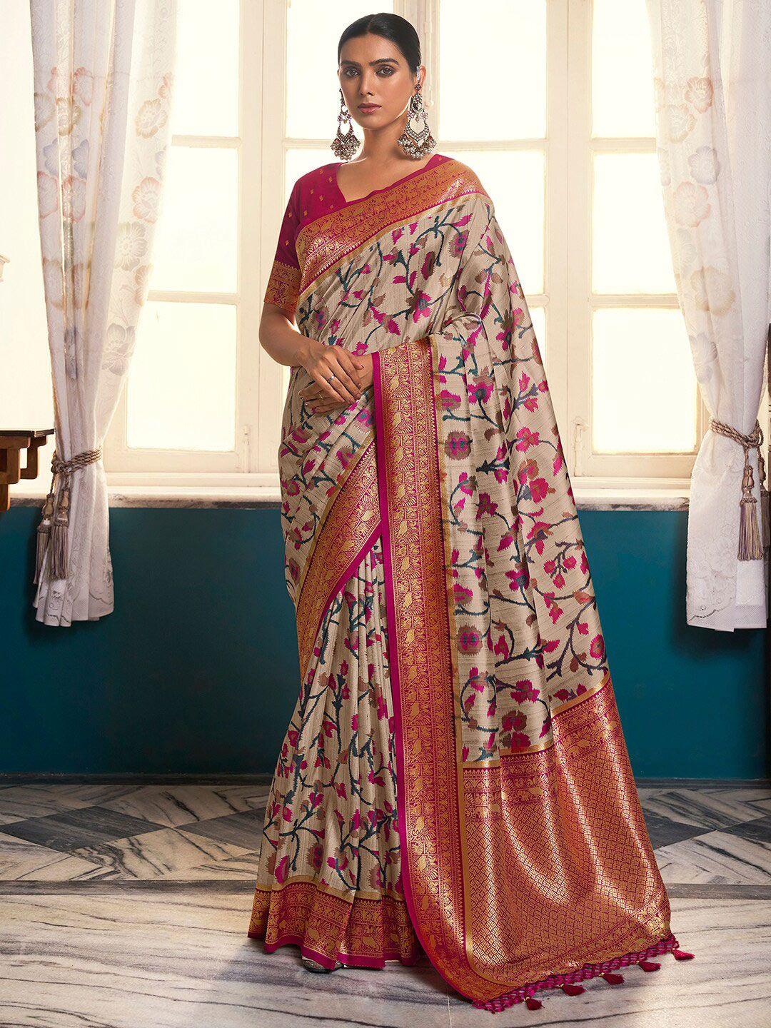 anouk floral printed zari satin banarasi saree