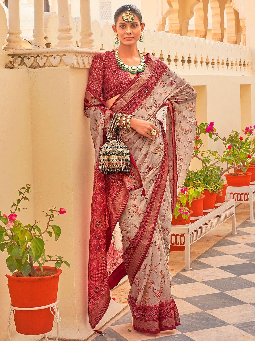 anouk floral printed zari silk blend patola saree