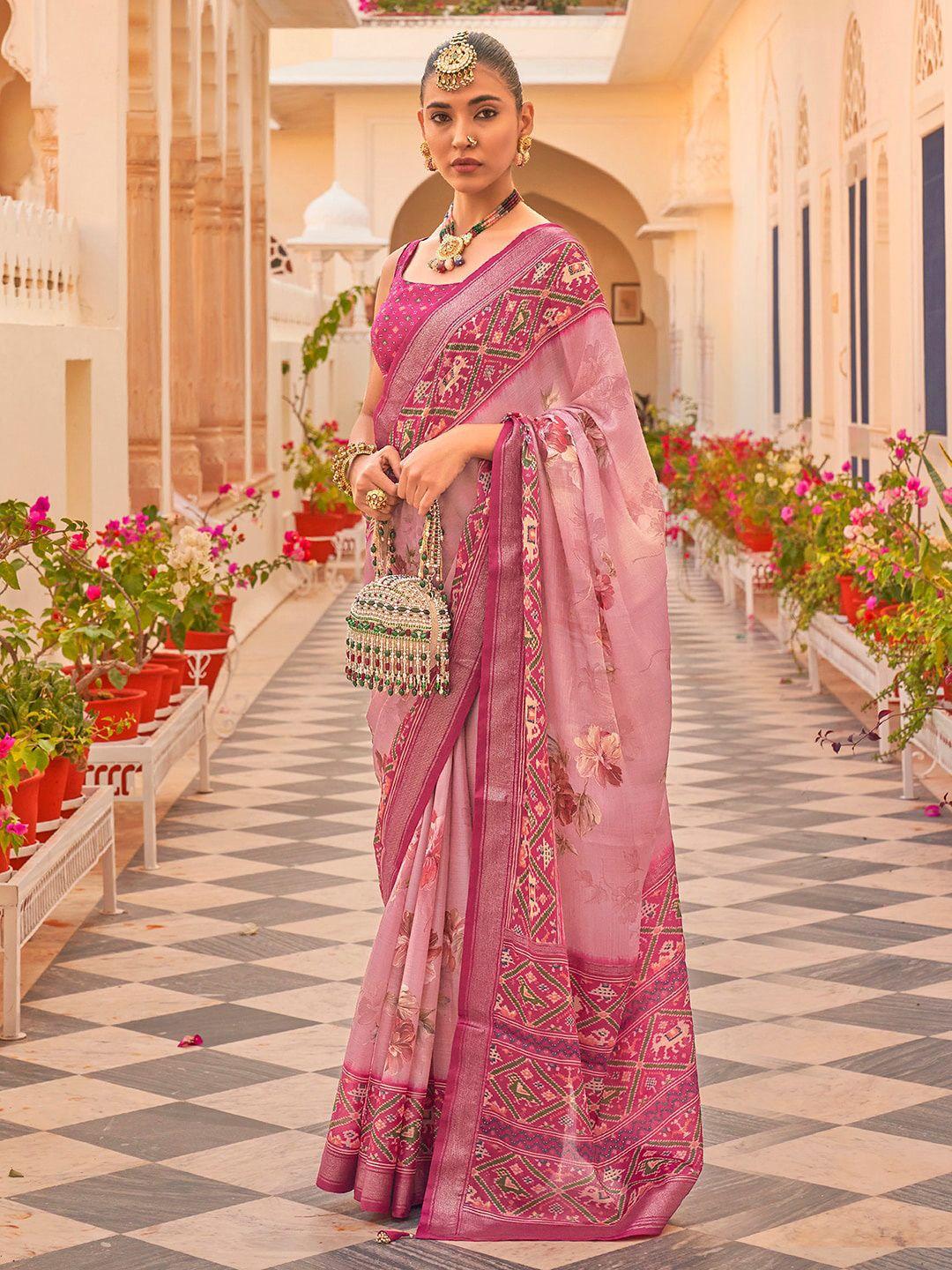 anouk floral printed zari silk blend patola saree