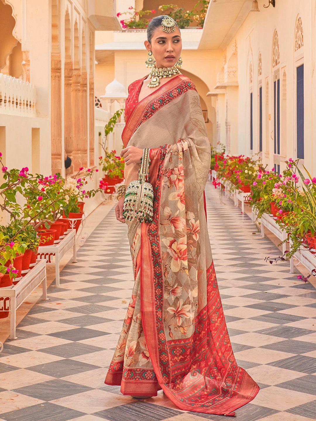 anouk floral printed zari silk blend patola saree