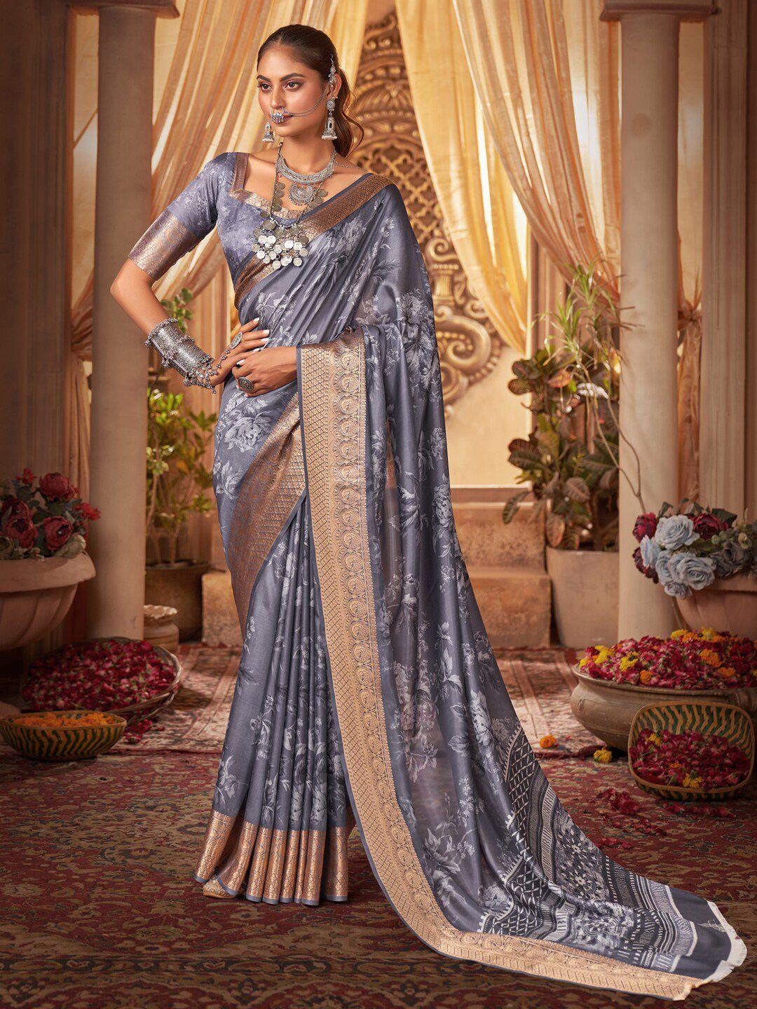 anouk floral printed zari silk blend saree