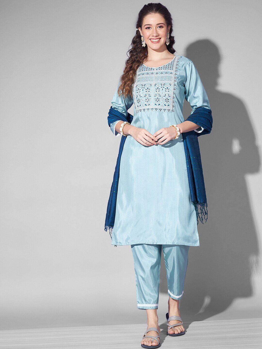 anouk floral yoke design regular thread work pure silk kurta with trousers & dupatta