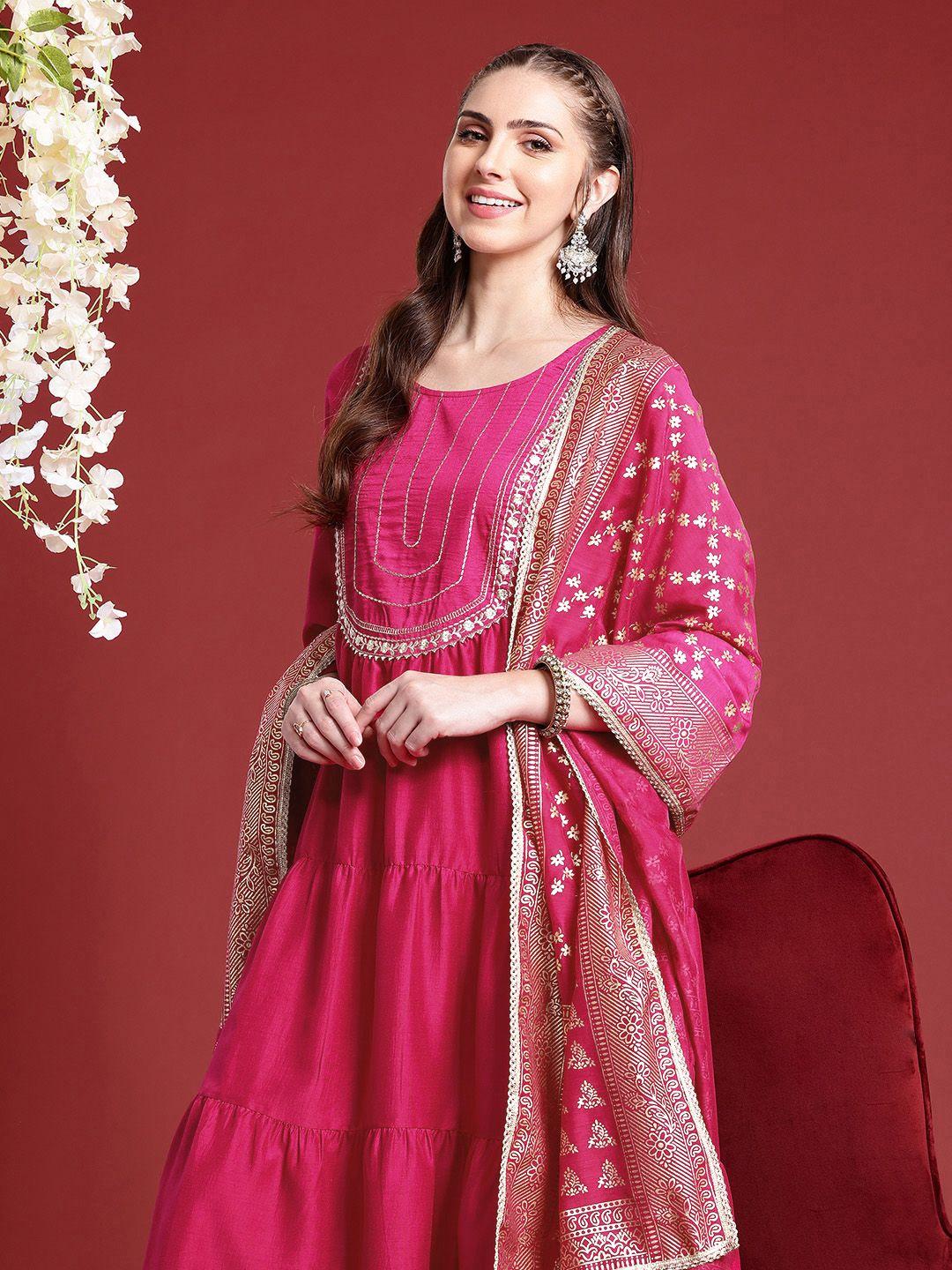 anouk floral yoke design tiered gotta patti a-line kurta with trousers & with dupatta