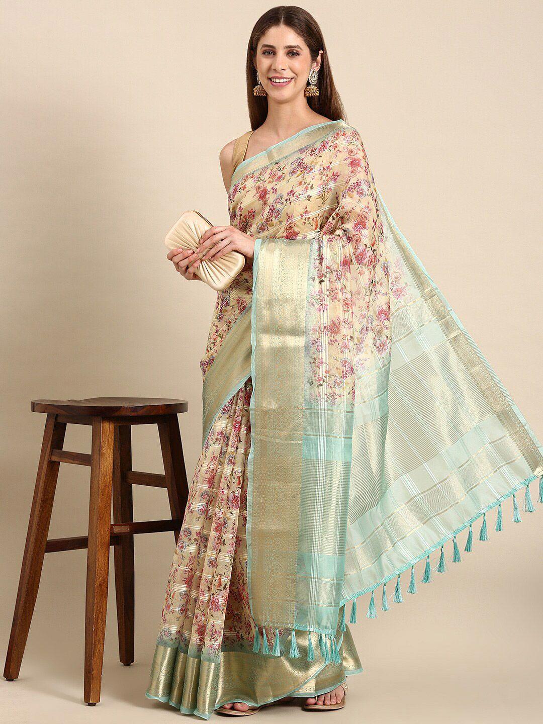 anouk floral zari organza saree with blouse piece