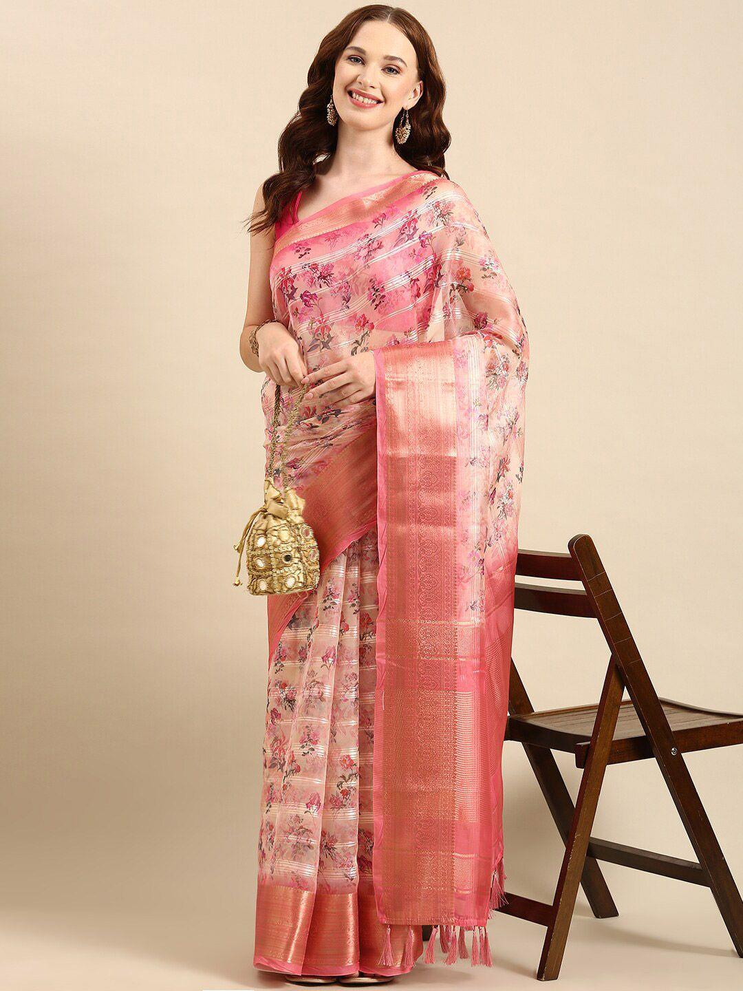 anouk floral zari organza saree with blouse piece