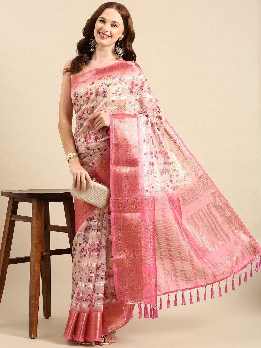 anouk floral zari organza saree with tassle