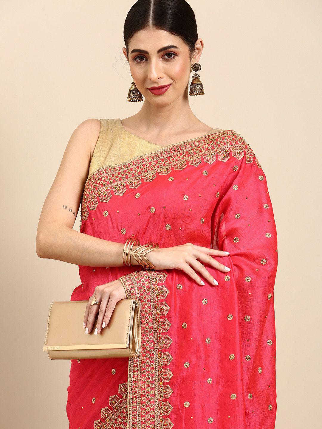 anouk fuchsia & gold-toned embellished beads and stones art silk tussar saree