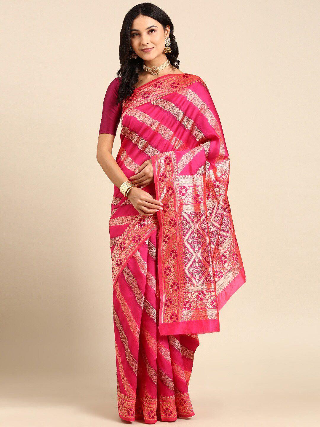 anouk fuchsia & gold-toned woven design zari silk blend kanjeevaram saree