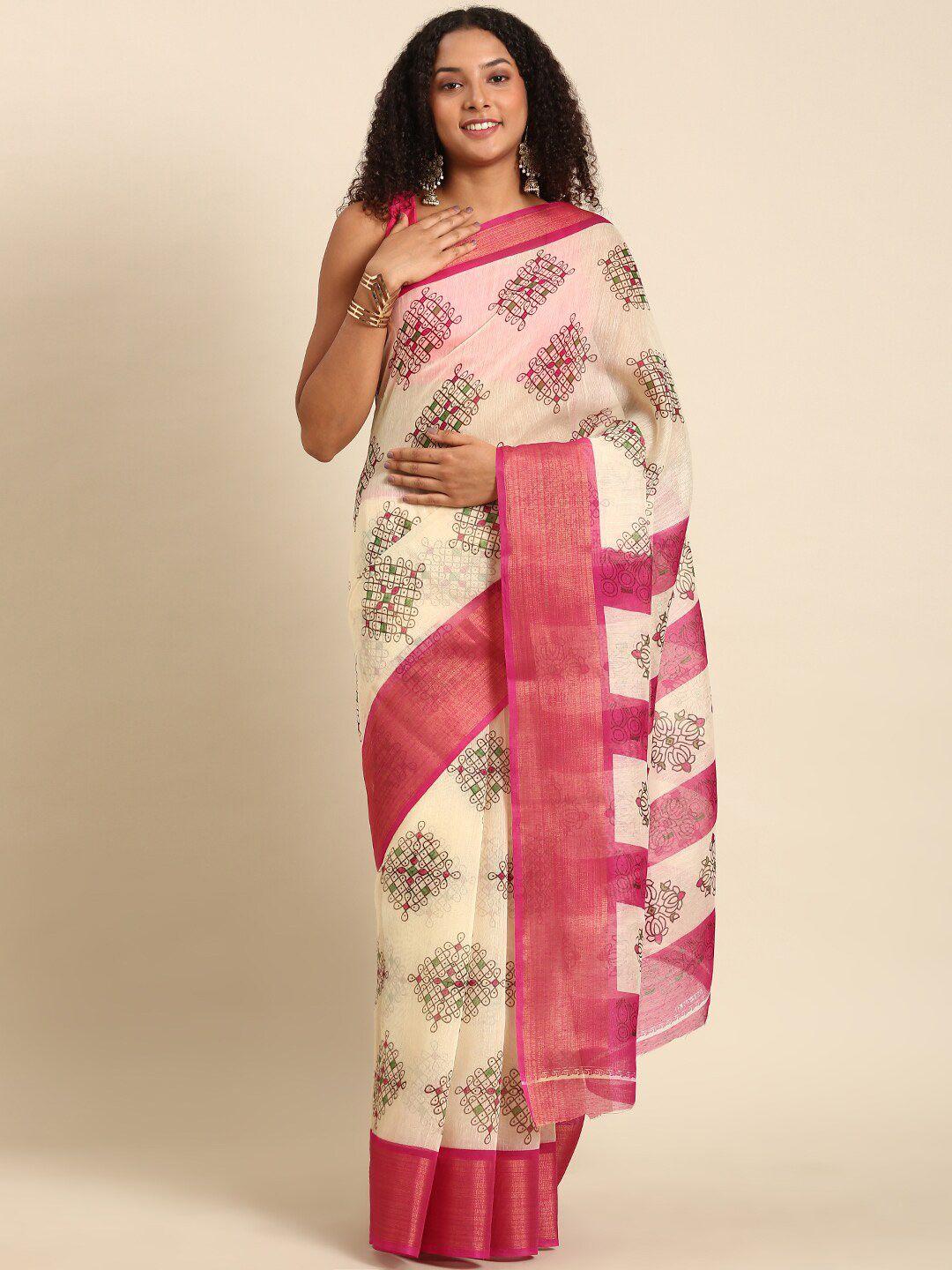 anouk fuchsia & white ethnic motifs zari printed saree