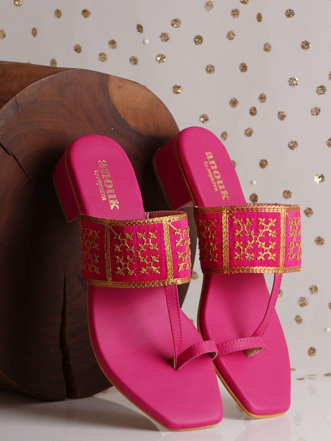 anouk fuchsia and gold-toned embroidered one toe block heels