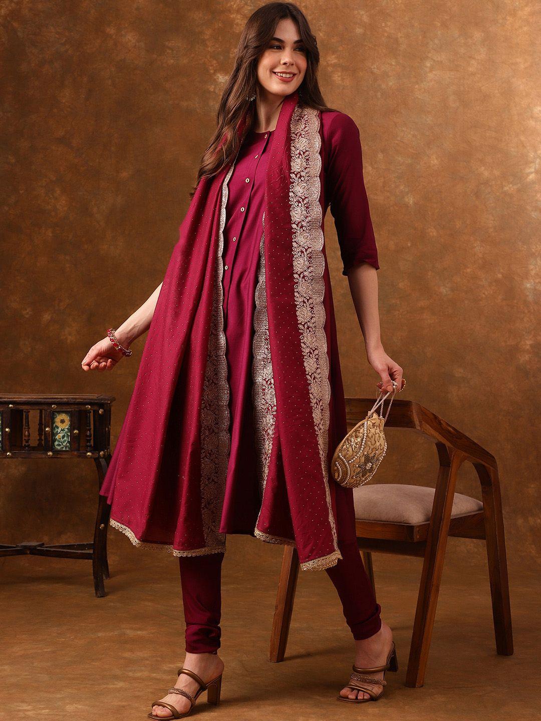 anouk fuchsia round neck anarkali thread work kurta with churidar & dupatta