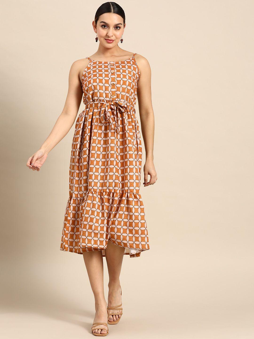 anouk geometric  printed a-line midi dress with belt