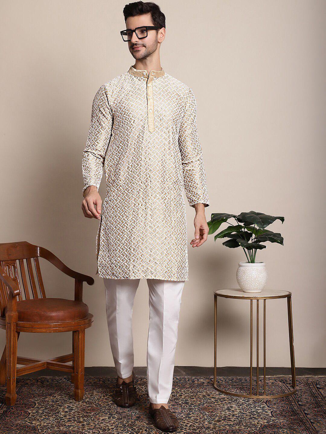 anouk geometric embroidered dupion silk kurta with pyjamas