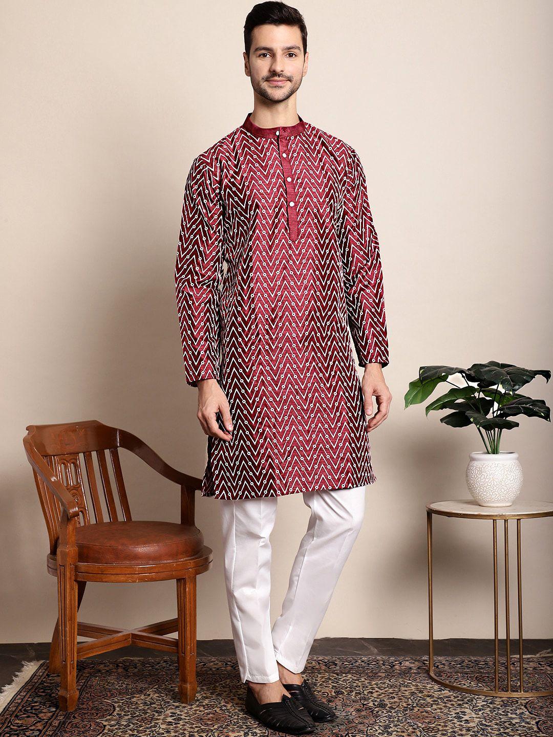 anouk geometric embroidered mandarin collar jacquard weave silk cotton straight kurta