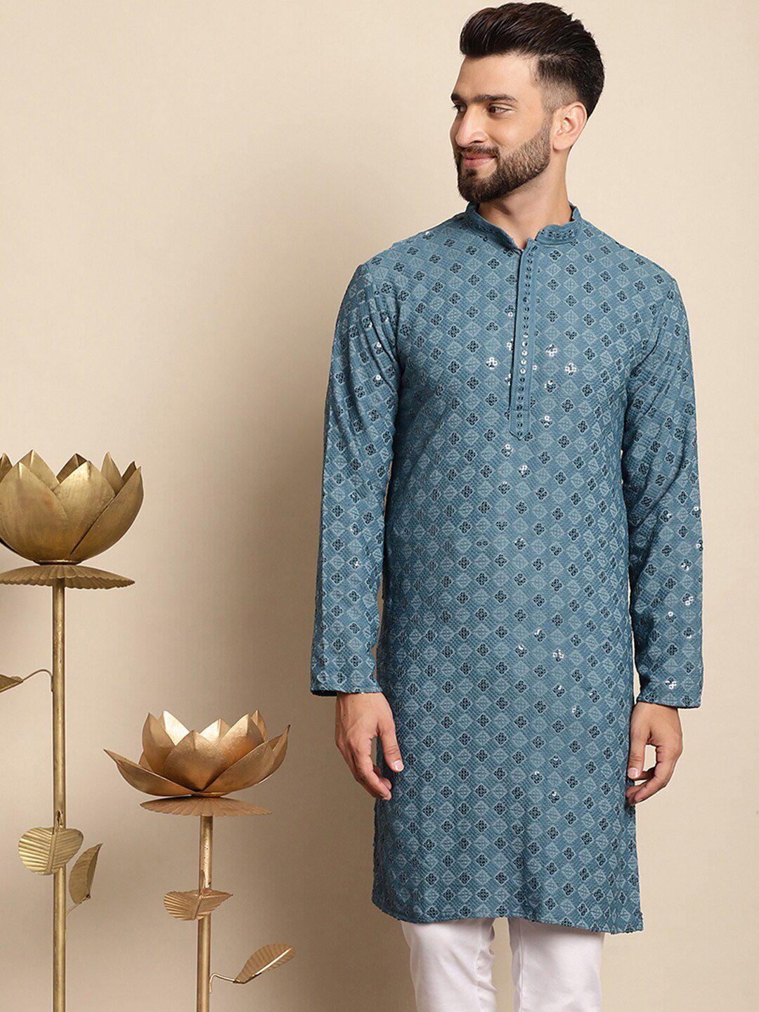 anouk geometric embroidered sequinned mandarin collar regular kurta