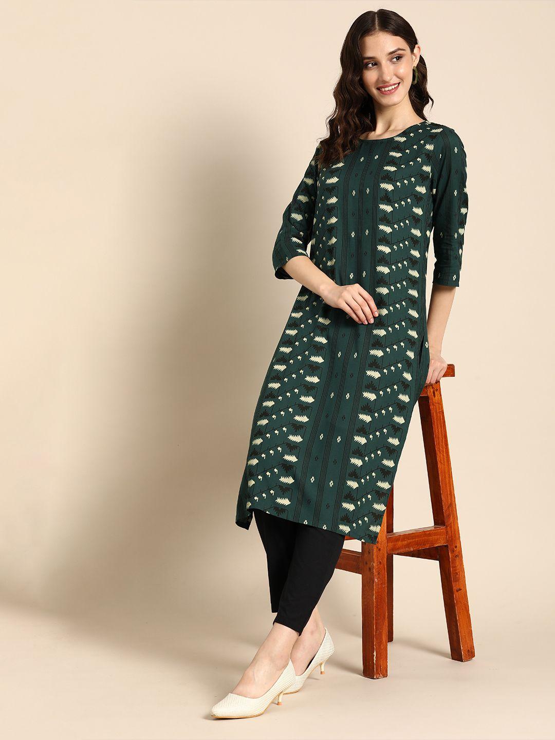 anouk geometric printed round neck knee length straight kurta