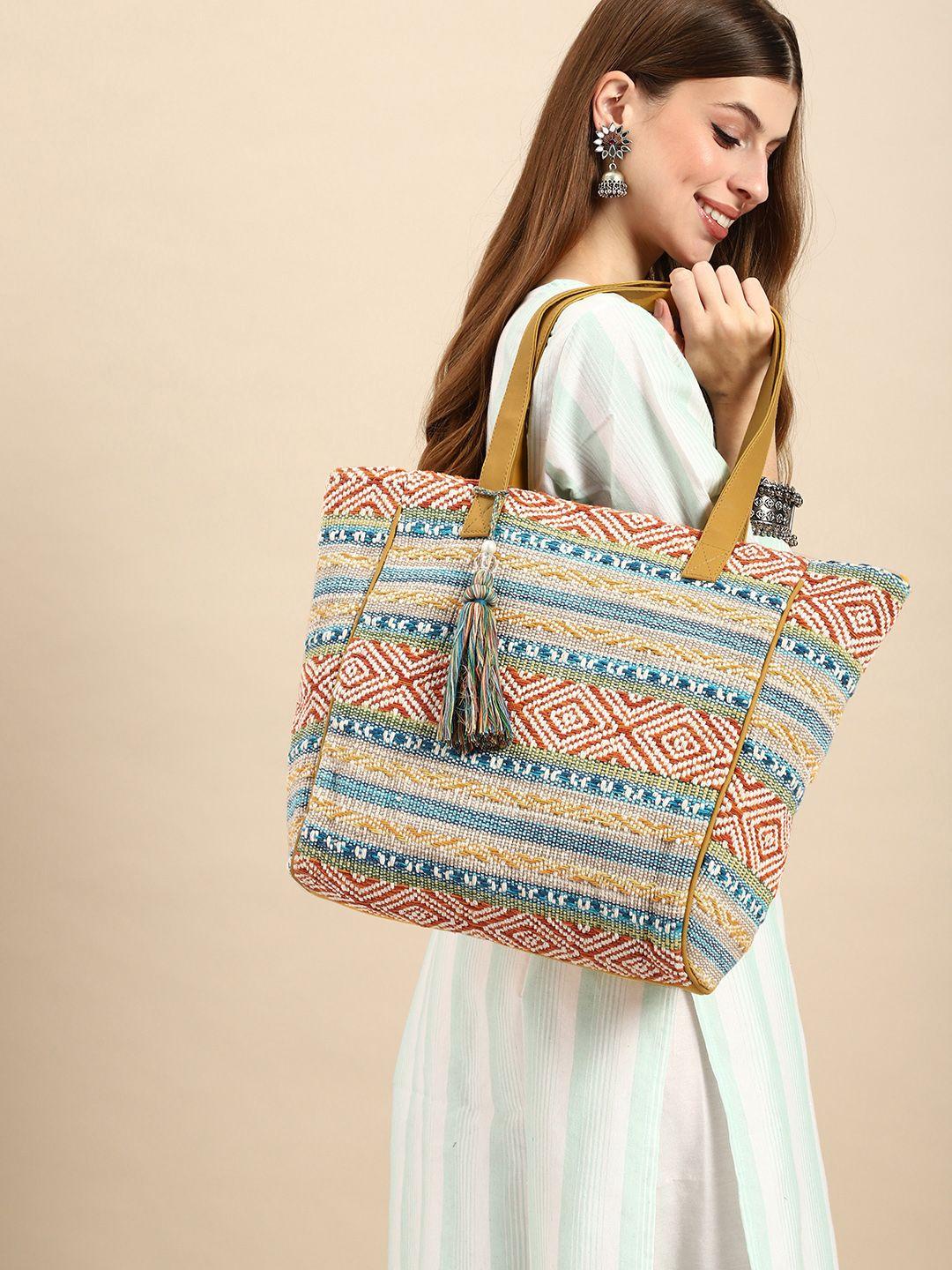anouk geometric printed tasselled oversized shopper tote bag
