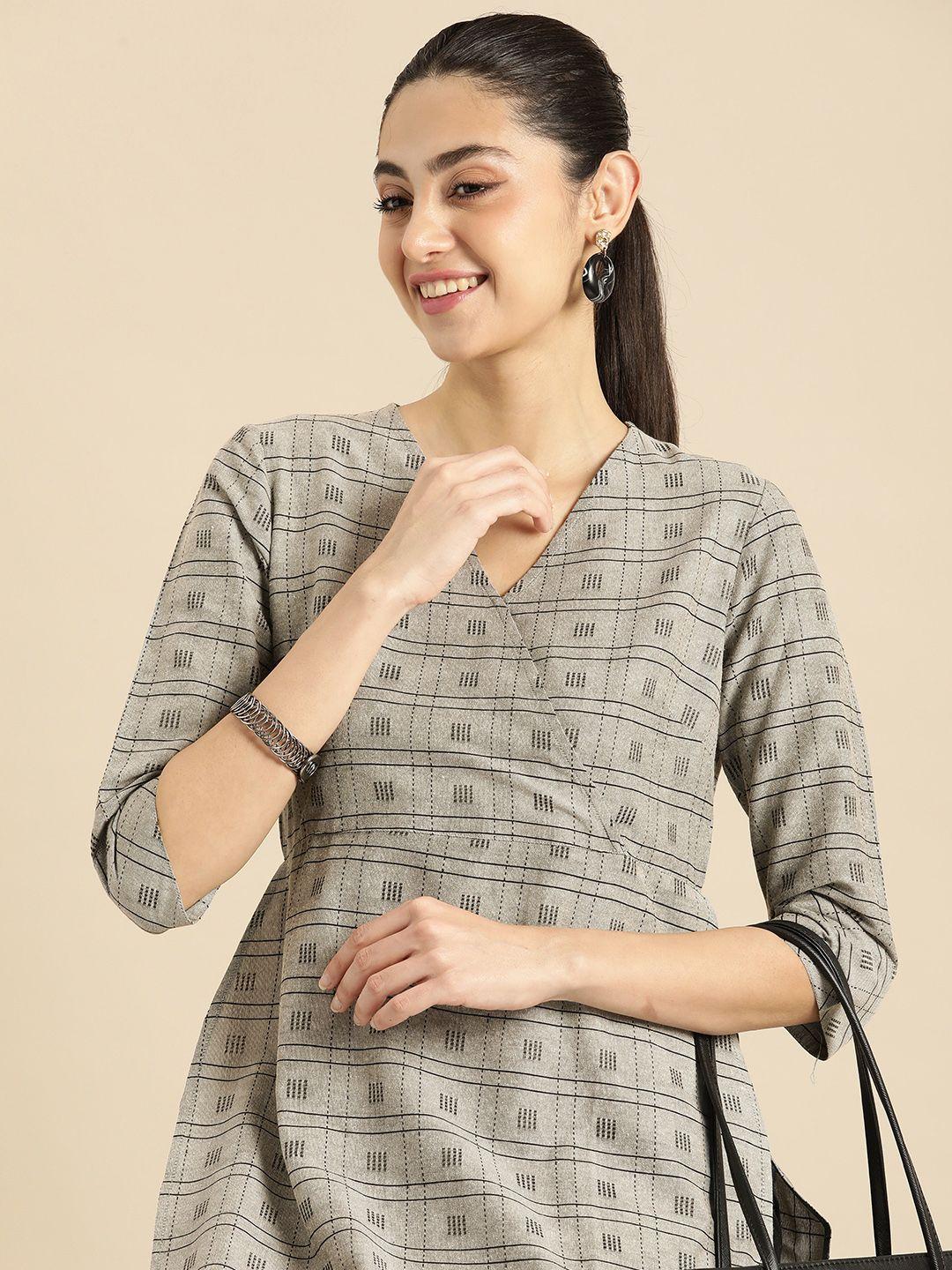 anouk geometric printed v-neck thread work kurta with wrap detail