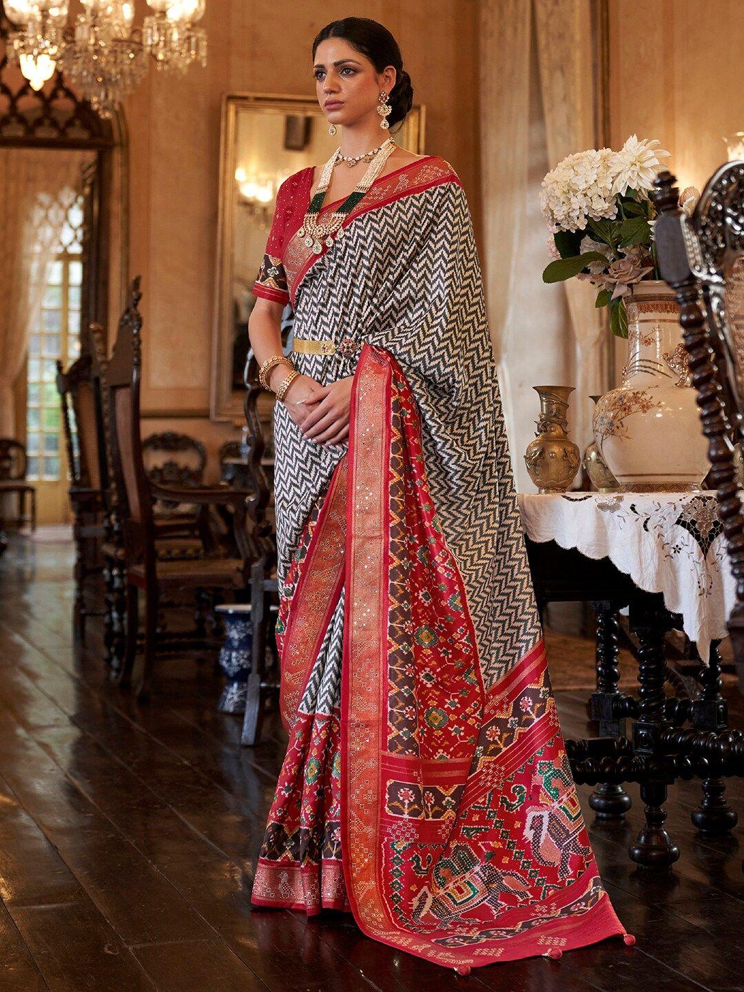 anouk geometric printed zari silk blend patola saree