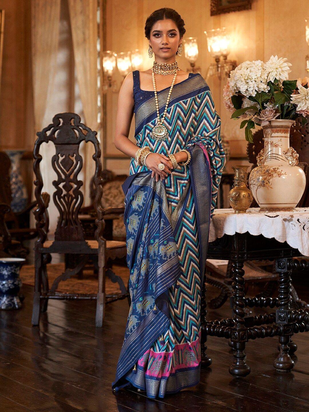 anouk geometric printed zari silk blend patola saree