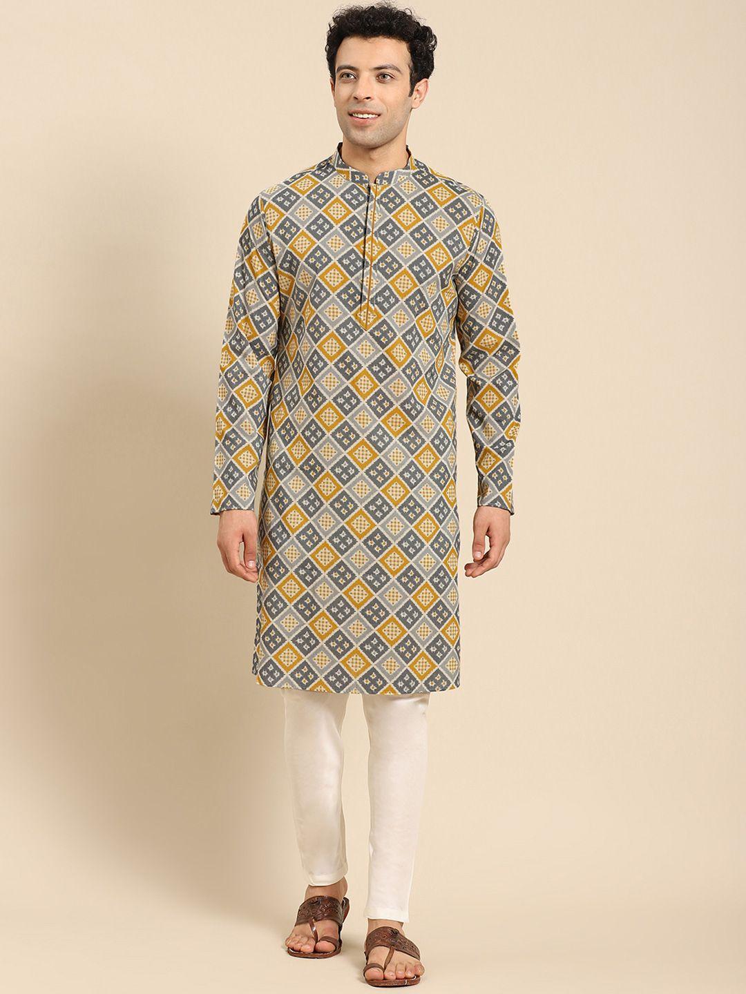 anouk geometric woven design mandarin collar long sleeves cotton kurta