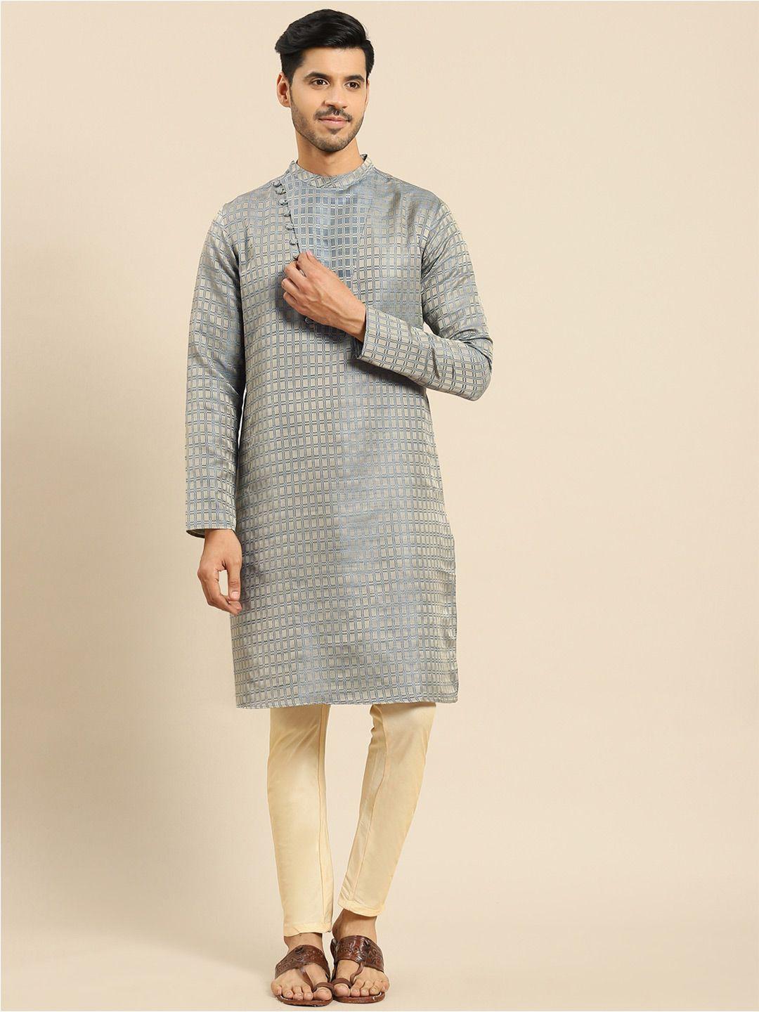 anouk geometric woven design mandarin collar straight kurta with trousers