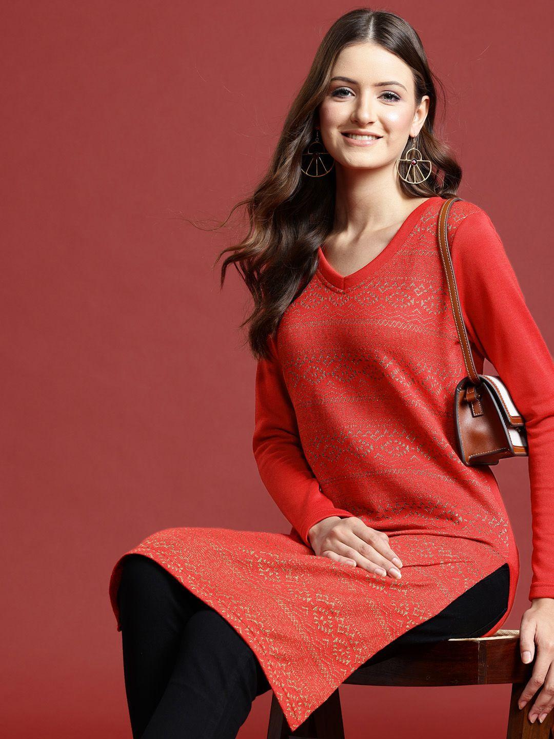 anouk geometric woven design winter kurta