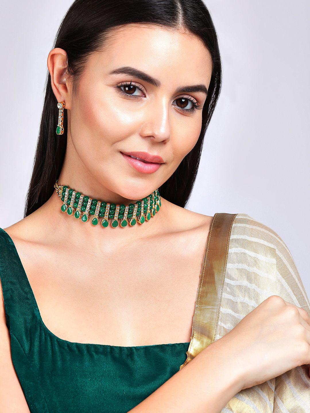 anouk gold-plated & green ad-studded & beaded jewellery set