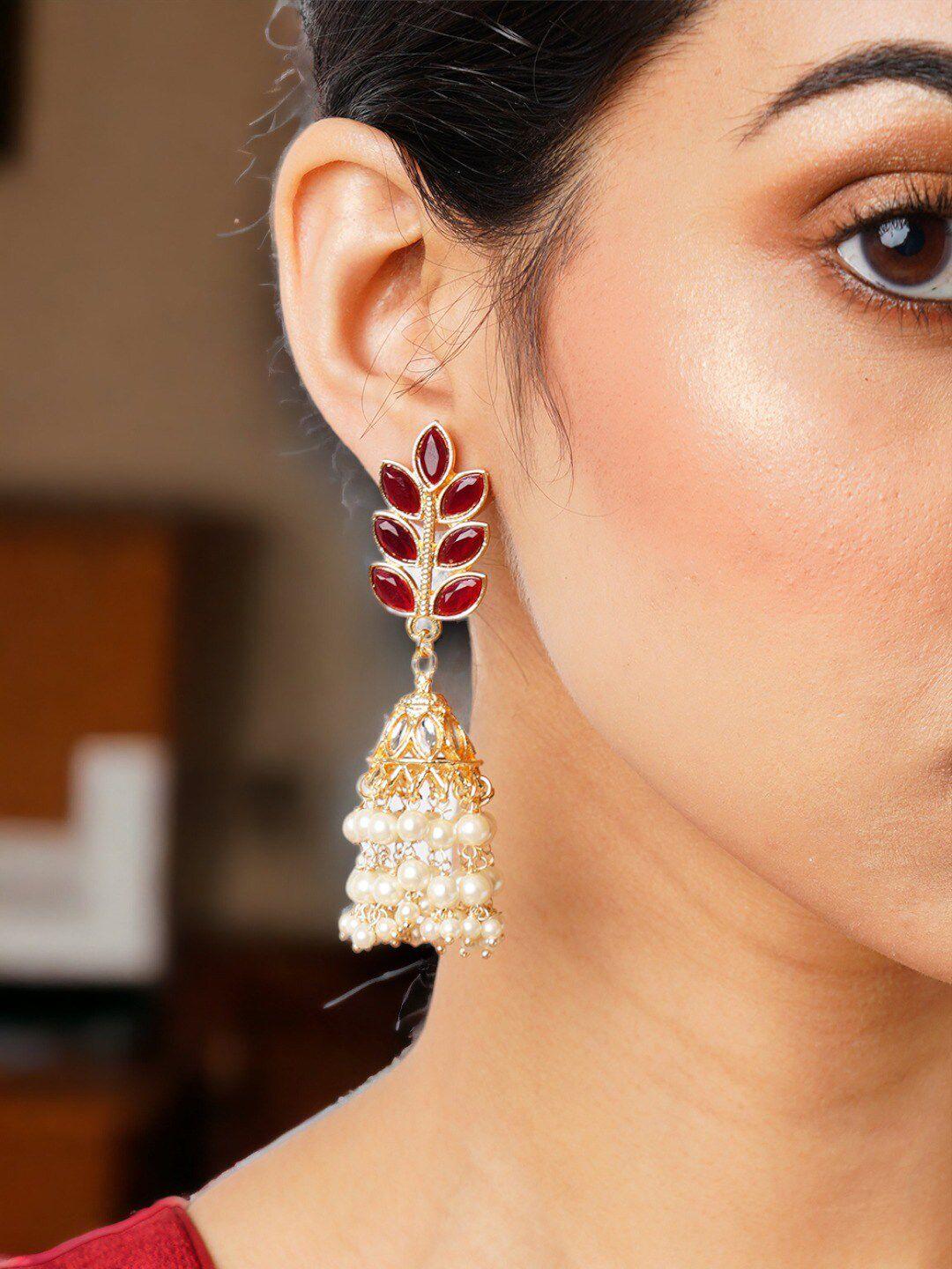 anouk gold-plated & red artificial stones & beads teardrop shaped jhumkas earrings