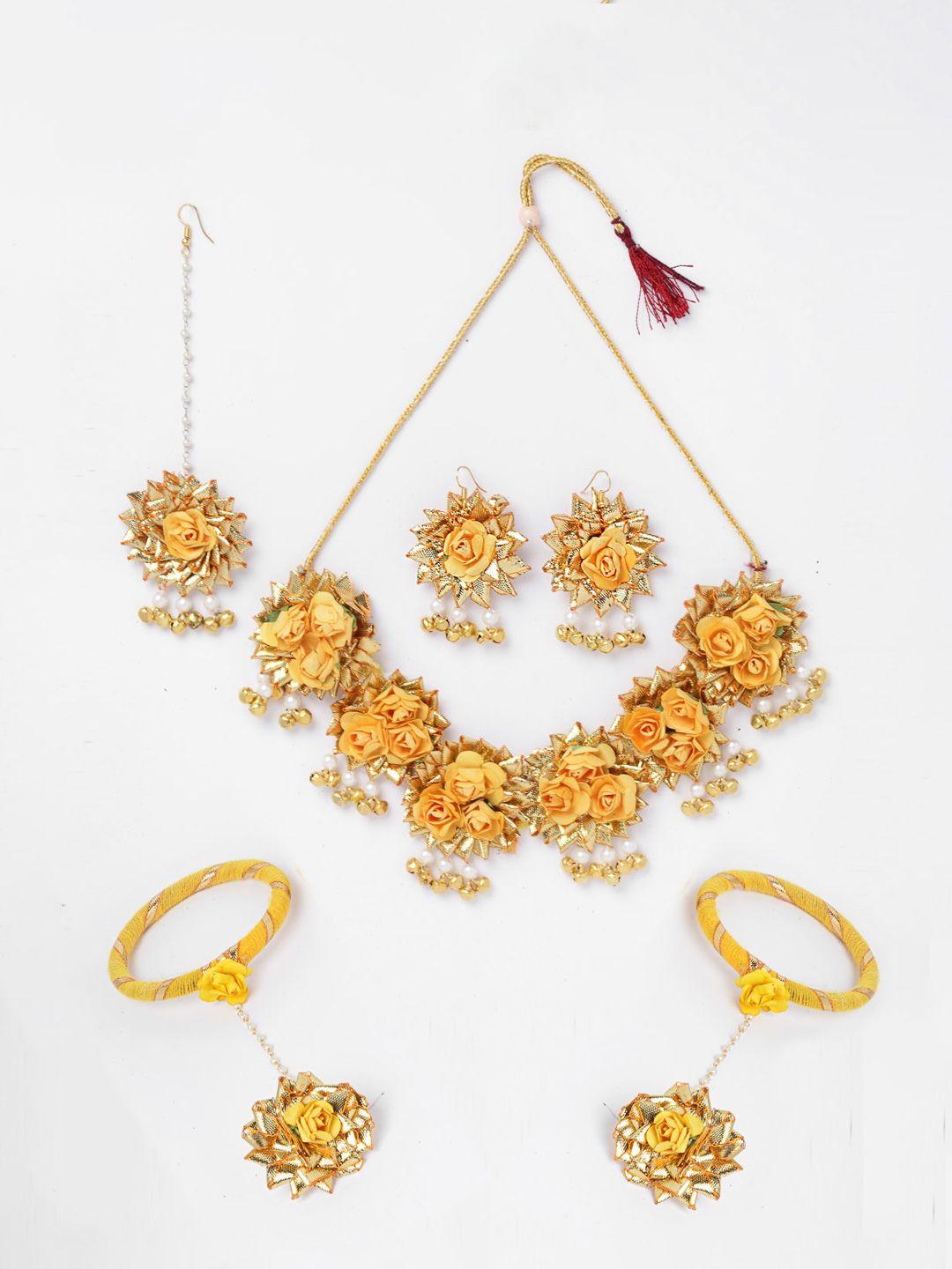 anouk gold-plated beaded flower necklace & earrings with maang tikka & bracelete