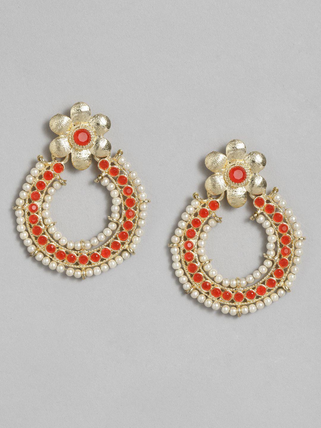 anouk gold-plated circular artificial beads & stones drop earrings