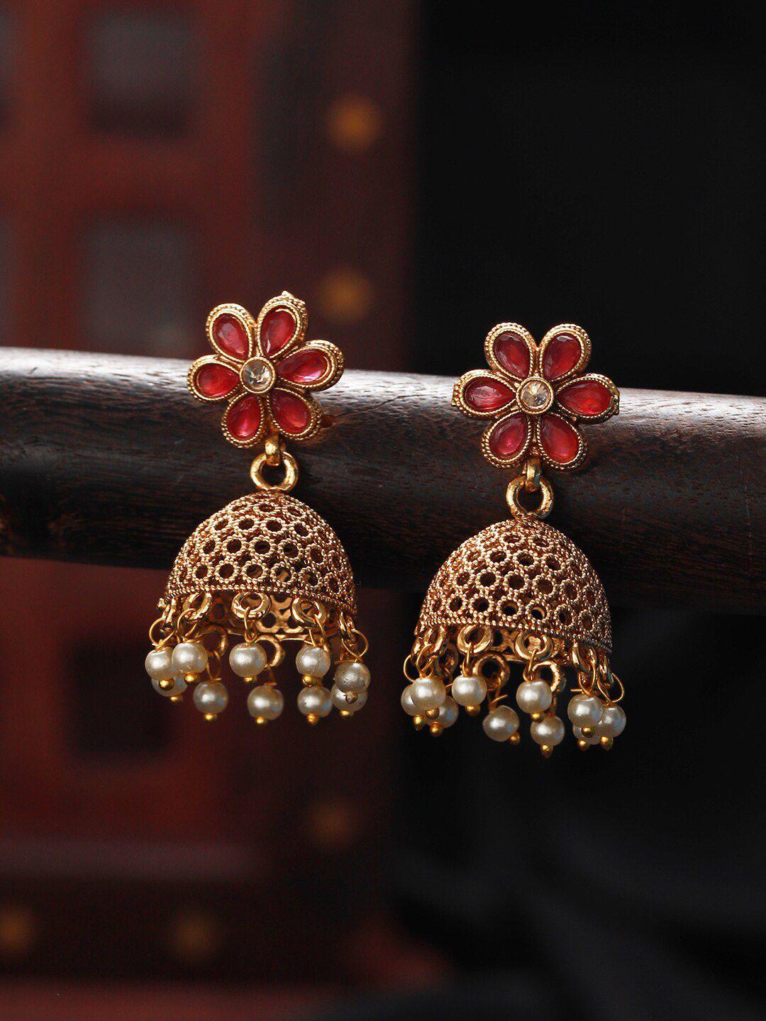 anouk gold plated dome shaped kundan studded & beaded jhumkas