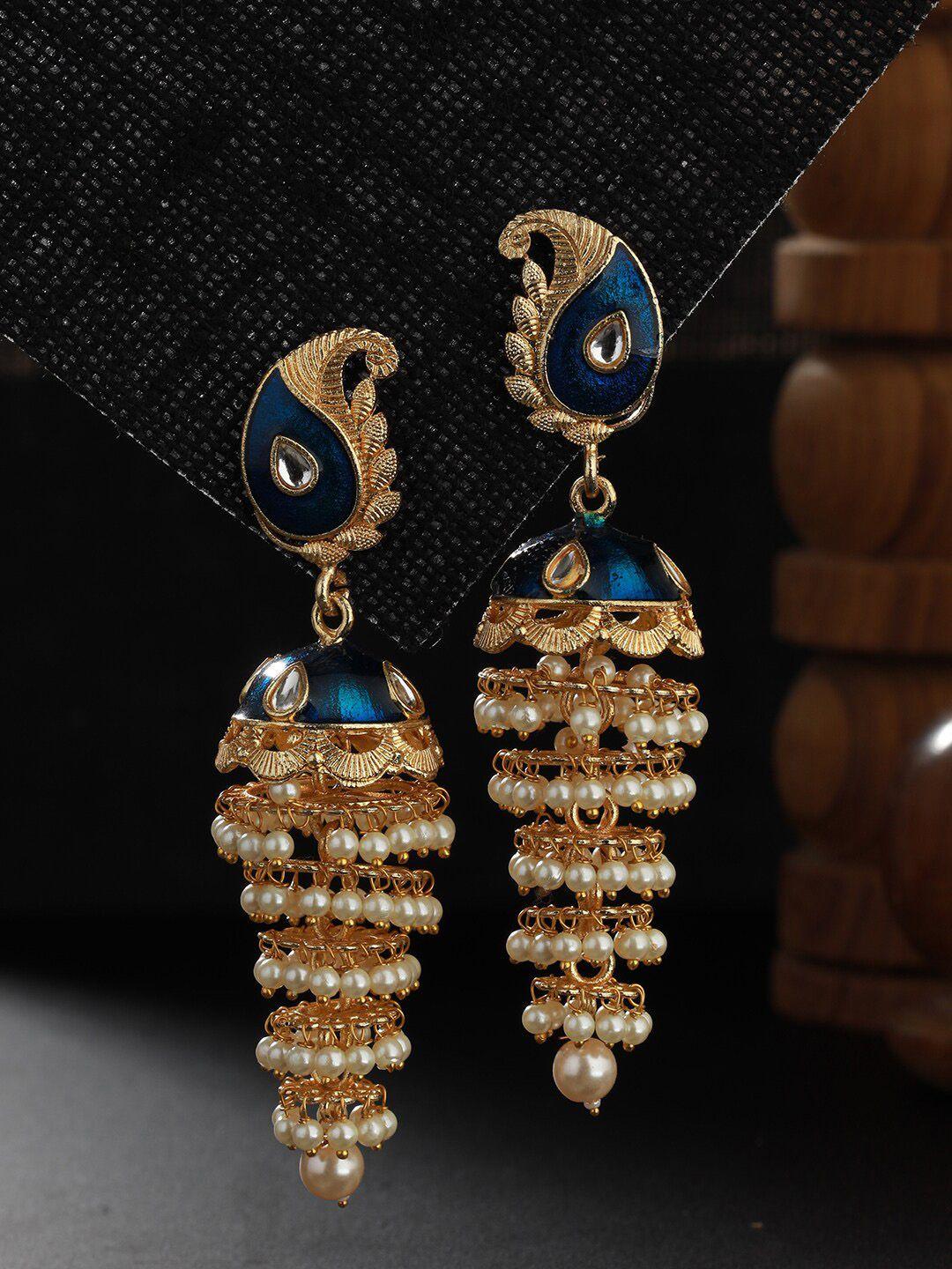 anouk gold-plated kundan-studded & meenakari jhumkas earrings