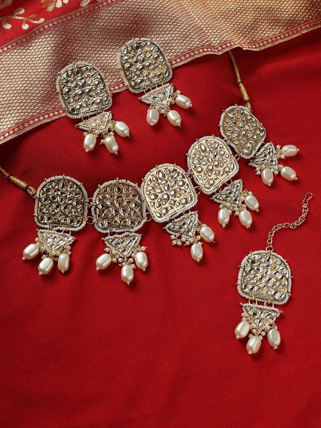 anouk gold plated kundan studded & pearl beaded jewellery set