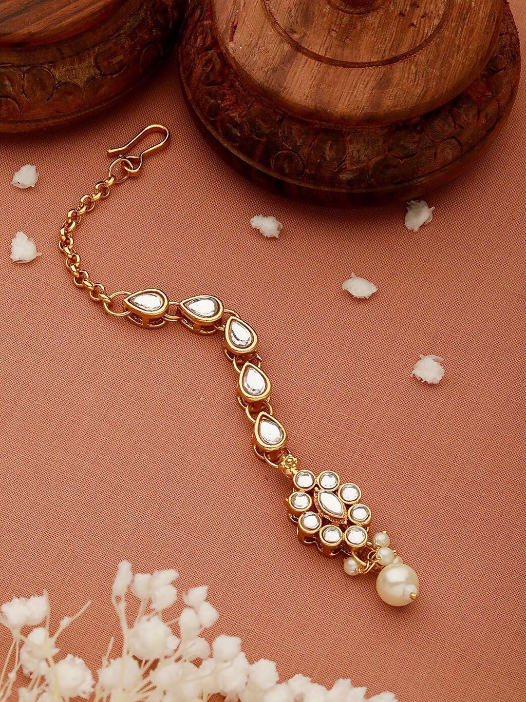 anouk gold-plated kundan-studded & pearl beaded maang tikka