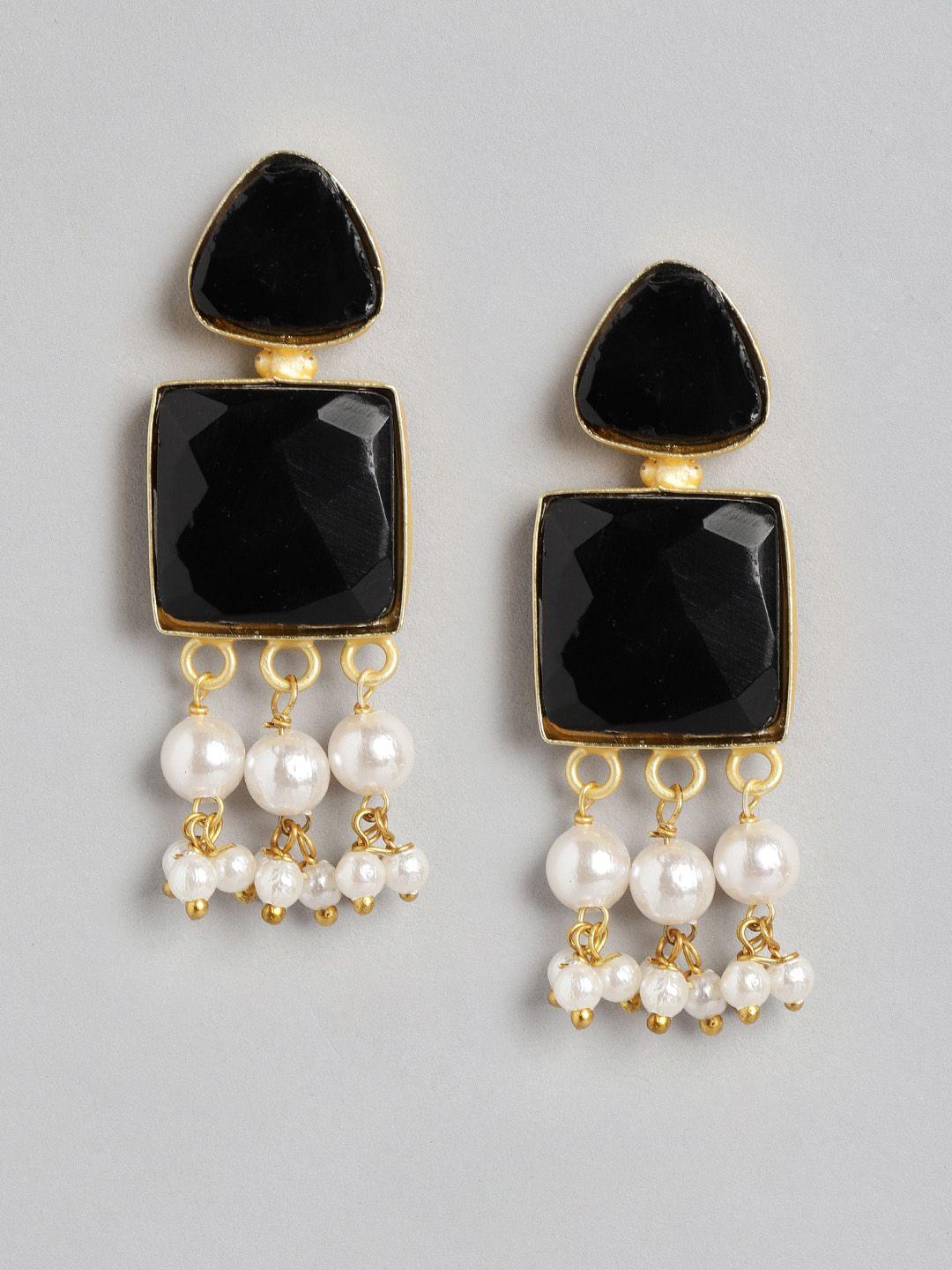 anouk gold-toned & black stone studded & beaded geometric drop earrings