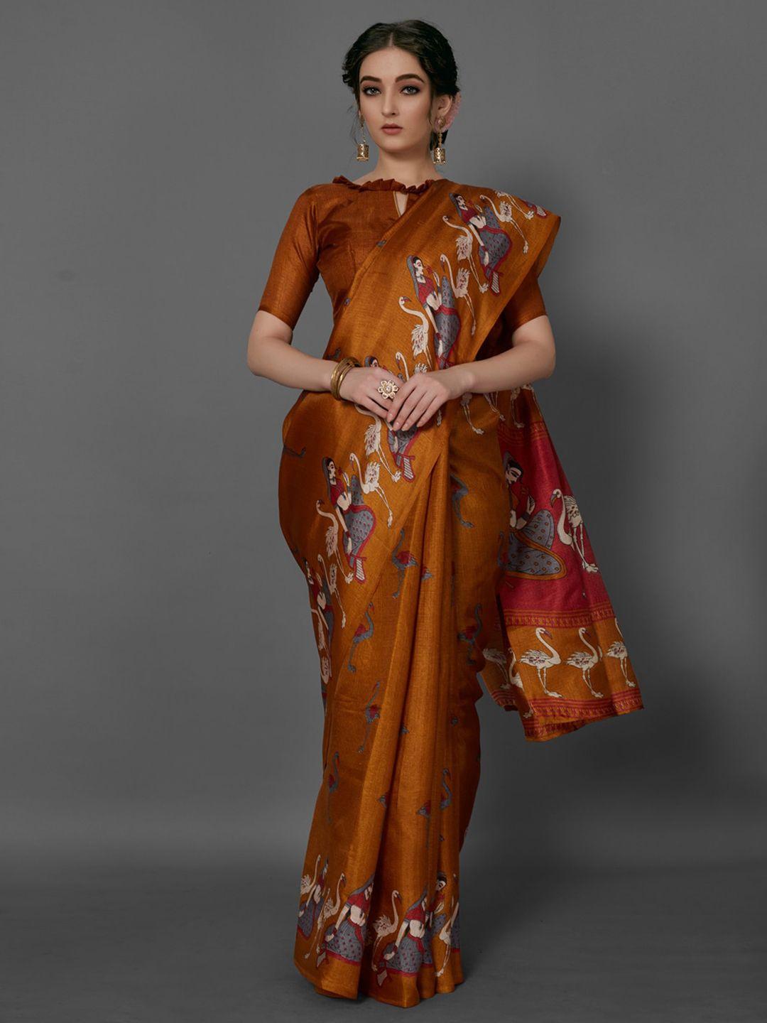 anouk gold-toned & cream-coloured ethnic motifs printed saree