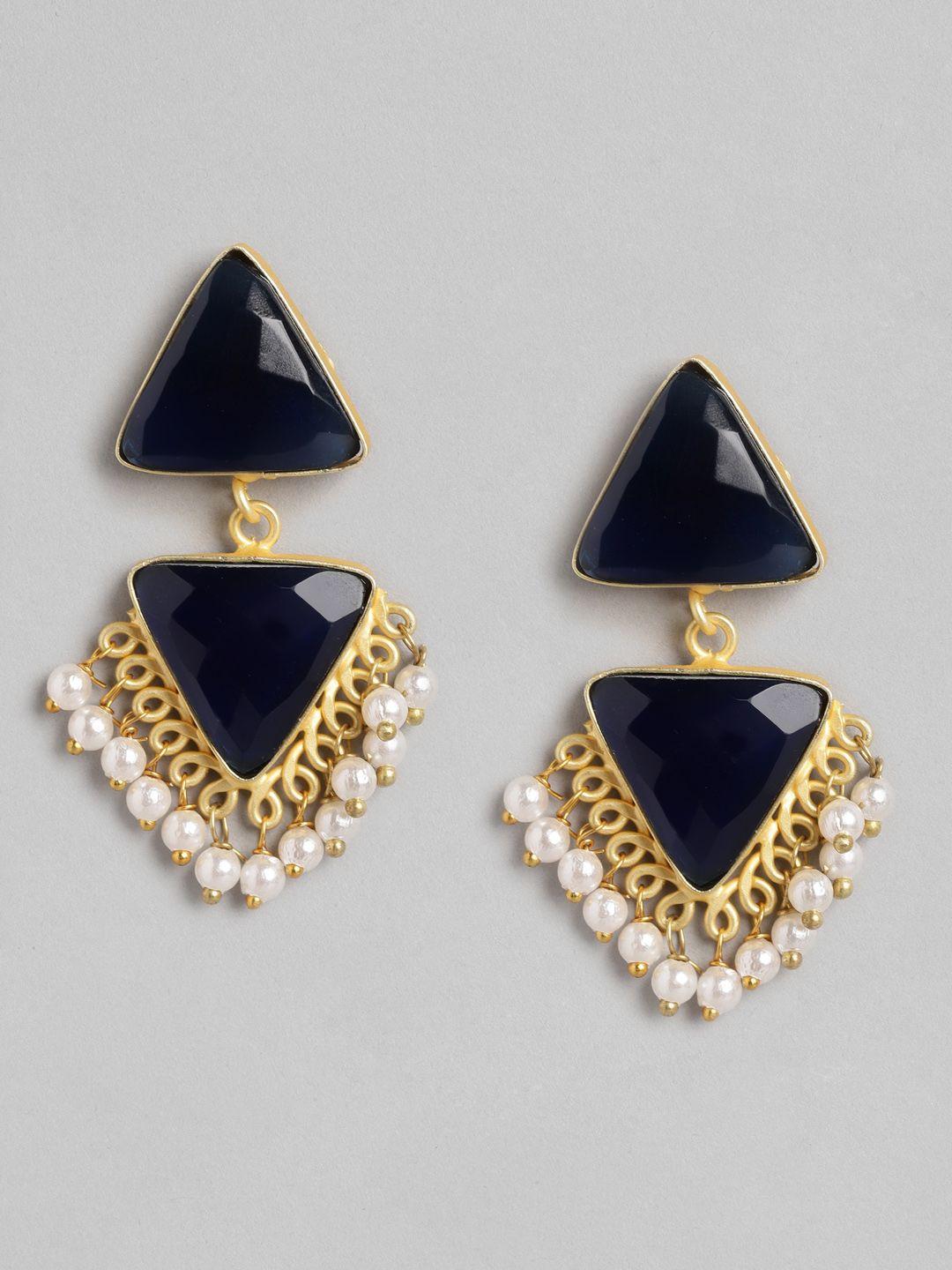 anouk gold-toned & navy blue stone studded & beaded triangular drop earrings