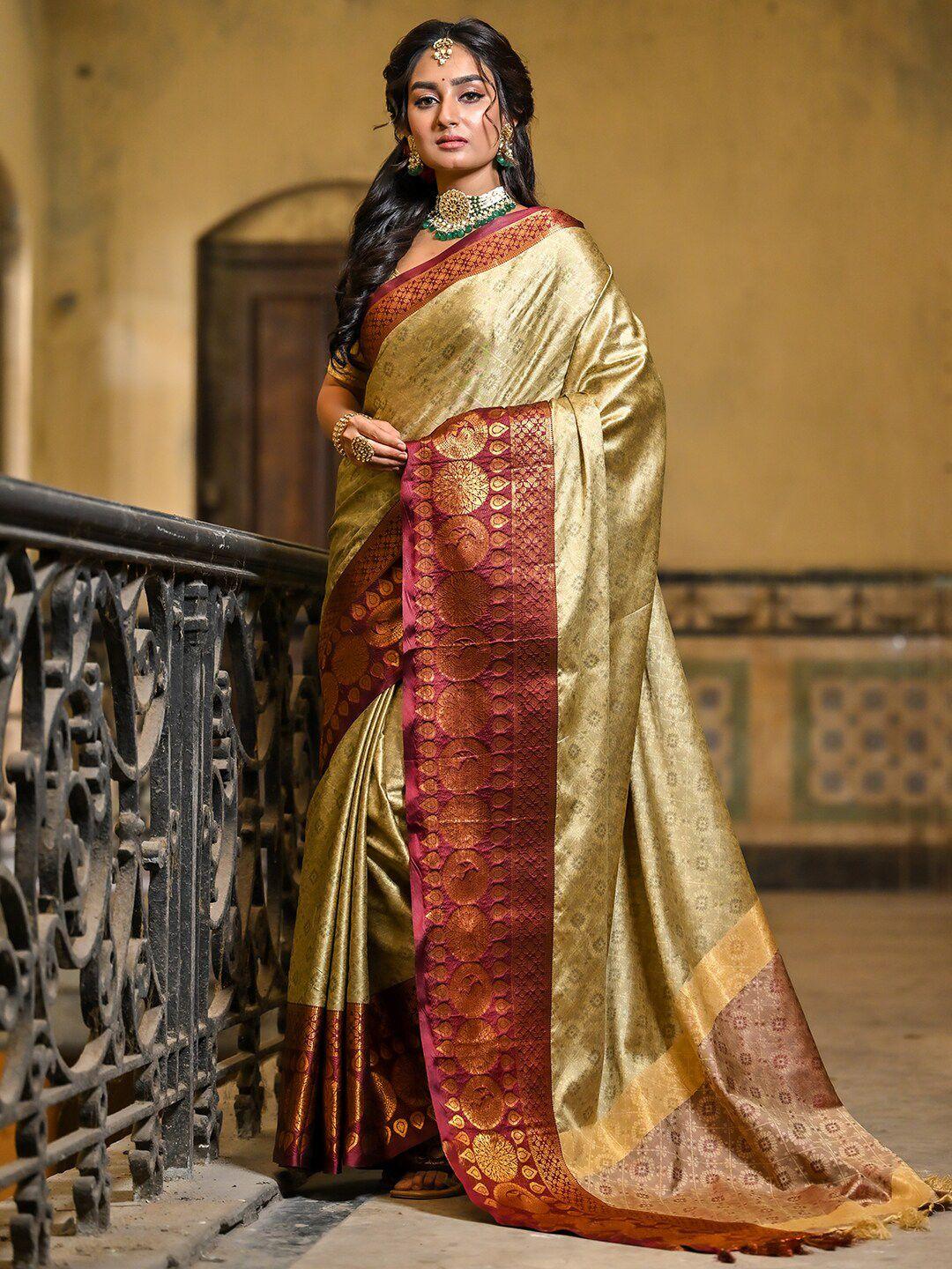 anouk gold-toned & pink ethnic motifs woven design zari jacquard banarasi saree