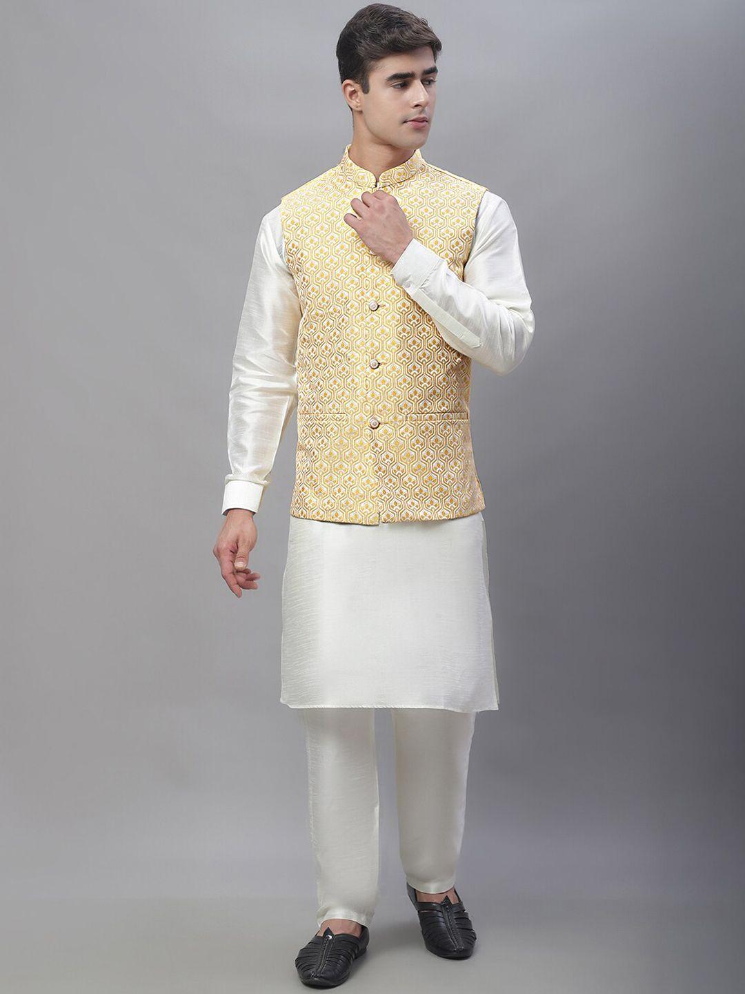 anouk gold-toned & white band collar kurta with pyjamas & nehru jacket