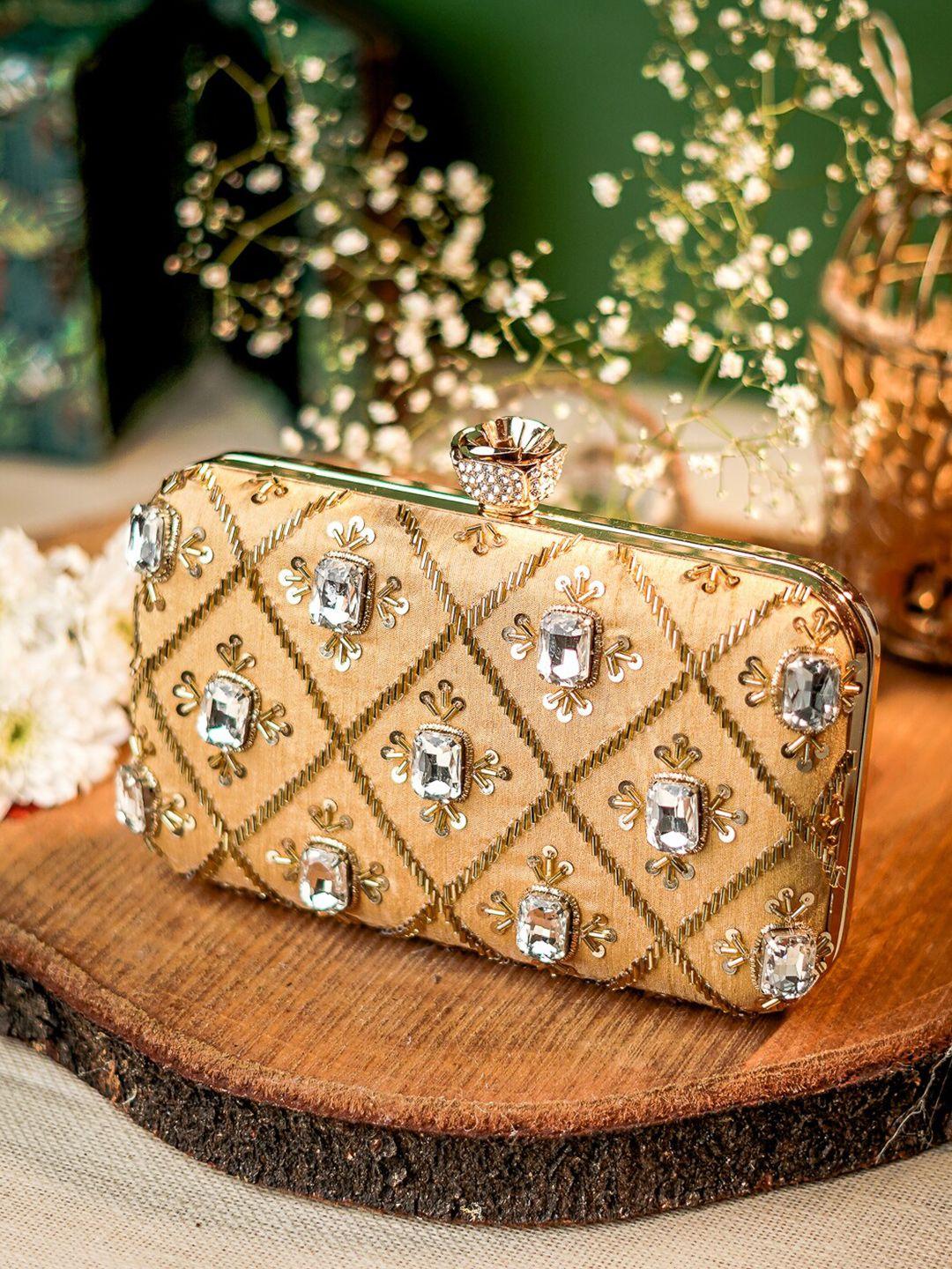 anouk gold-toned & white embroidered box clutch