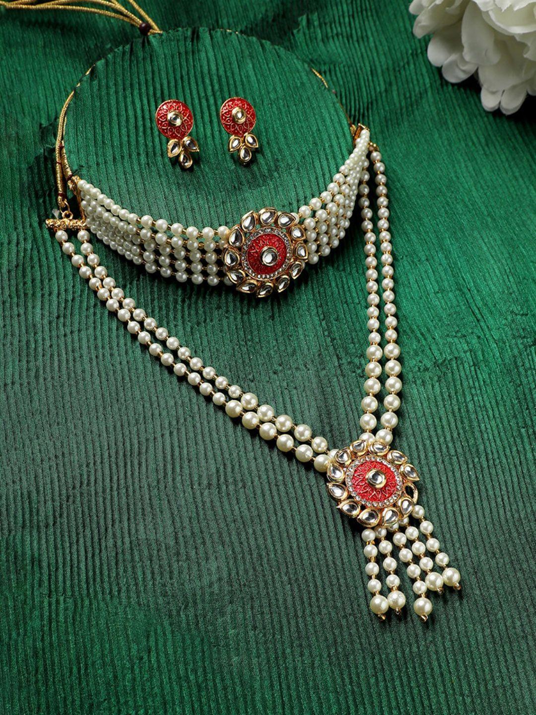 anouk gold-toned gold-plated kundan studded & pearls beaded layered necklace with earrings