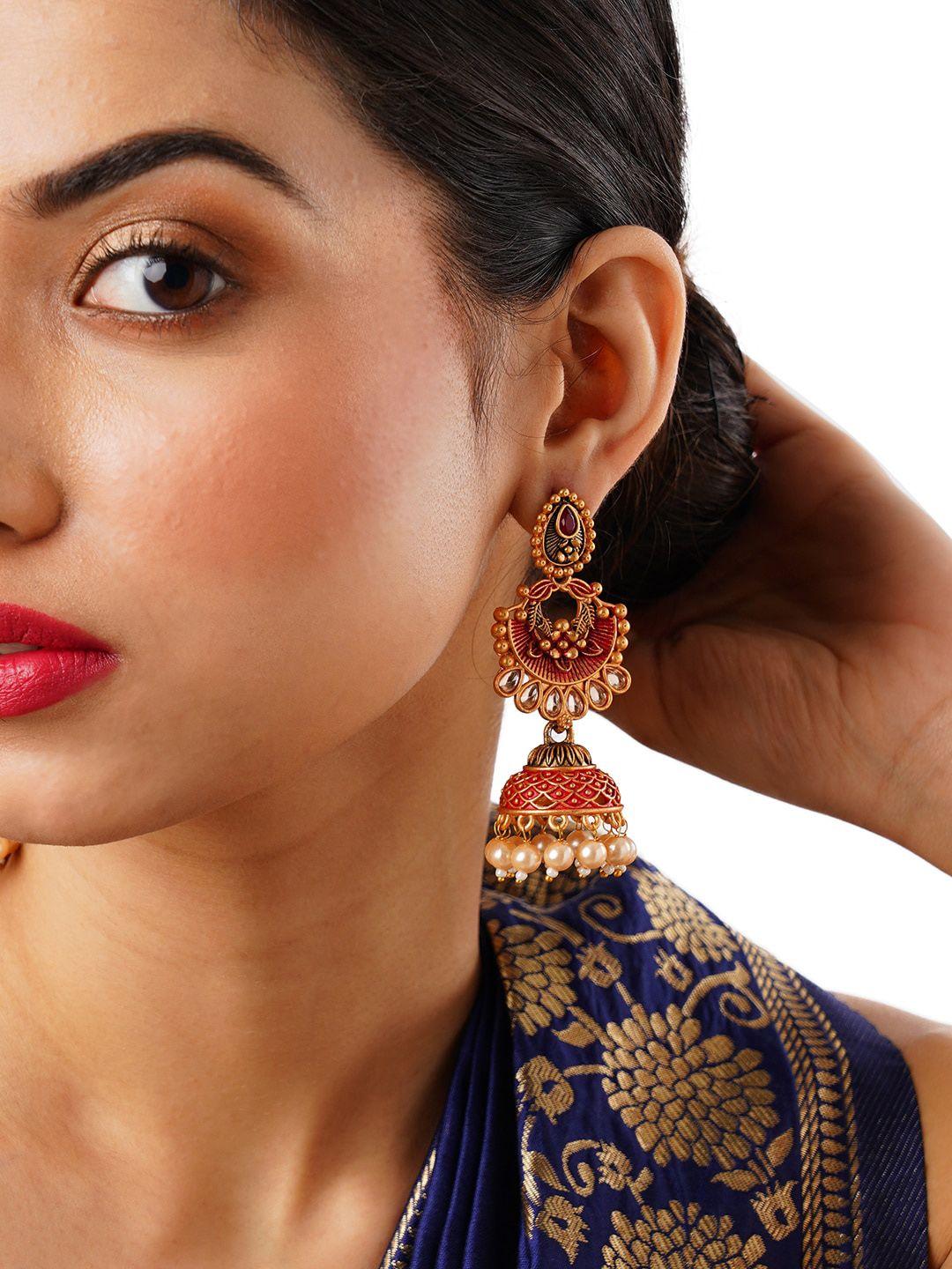 anouk gold-toned gold-plated teardrop shaped jhumkas earrings