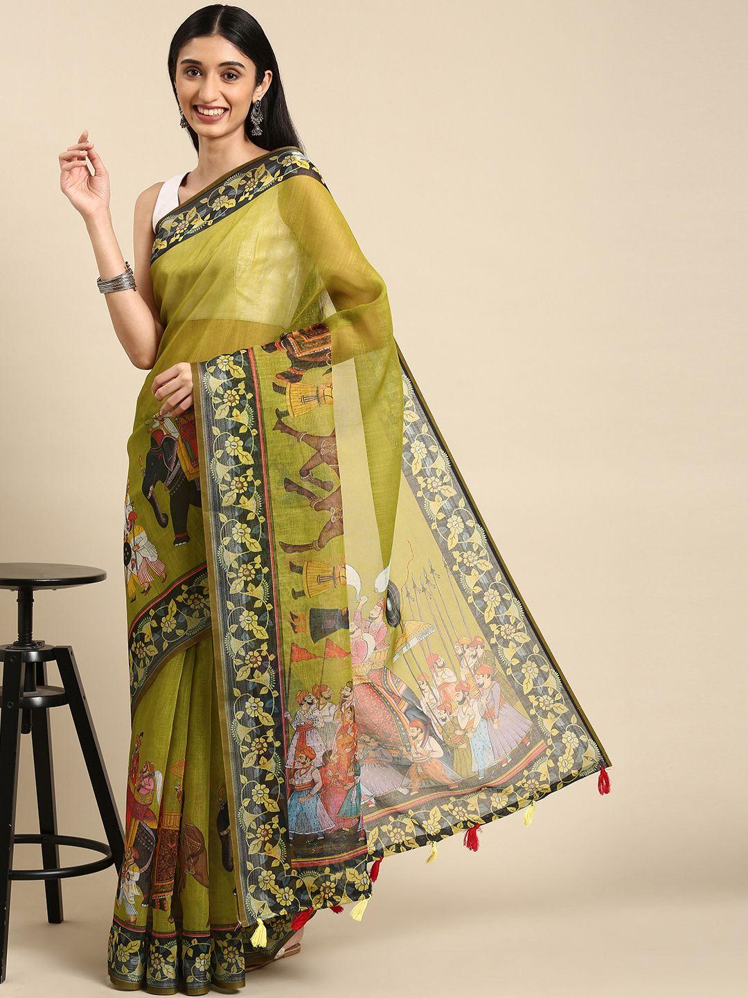 anouk green & black ethnic motifs print pure linen saree