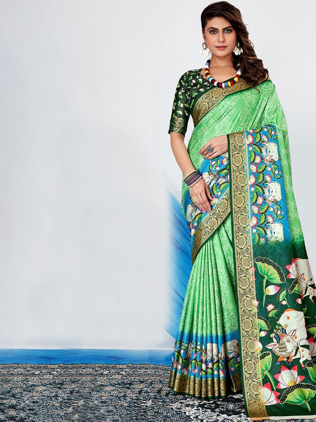 anouk green & blue bandhani printed zari bandhani saree